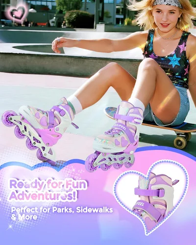 Miniatura 2 de SULIFEEL Love Hearts - Patines en línea ajustables de 4 tamaños para niñas con pompones esponjosos, ruedas iluminadas de 3 a 12 años, regalo