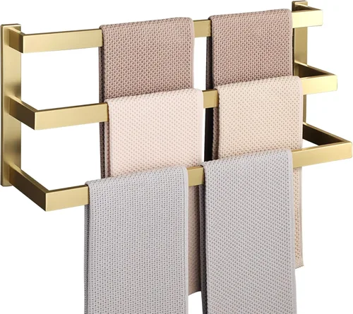 Alise Toalleros de 3 capas para montaje en pared de baño, toallero dorado cepillado para baño, toallero cuadrado de acero inoxidable SUS304 para