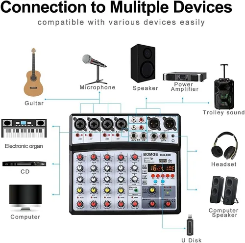 Miniatura 2 de BOMGE Mezclador de sonido de audio de 6 canales – Consola de mezcla de DJ digital profesional para transmisión en vivo, karaoke y grabación estéreo