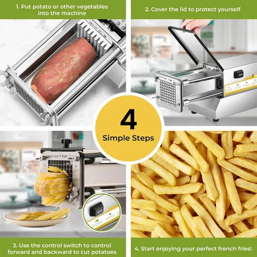 Miniatura 7 de Cortador de patatas fritas eléctrico de acero inoxidable profesional con 4 cuchillas para uso comercial, doméstico y pepinos, zanahorias, batatas