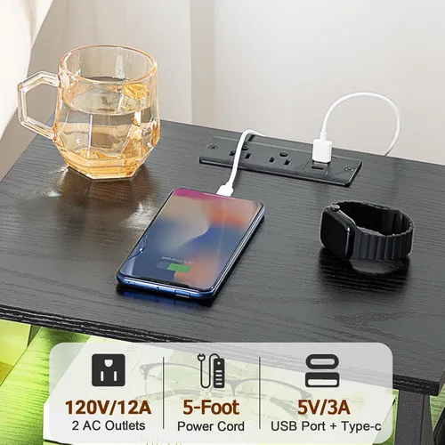 Miniatura 6 de AMHANCIBLE Juego de 2 mesitas de noche, mesita de noche LED con estación de carga, mesas auxiliares con puerto USB y tomacorriente, mesita de noche