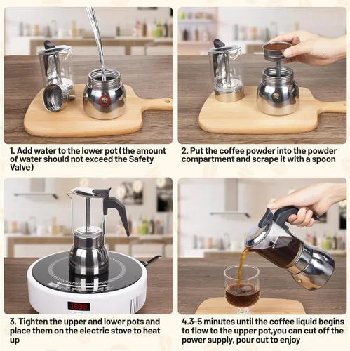 Miniatura 5 de Cafetera de 4 tazas de vidrio transparente, olla de moka de acero inoxidable 304 espesado para estufa, máquina de café italiana, cafetera Greca