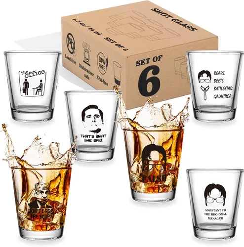 Juego de 6 vasos de chupito de mercancía de The Office, vasos de chupito transparentes de 1.5 onzas con base pesada, regalos divertidos para The