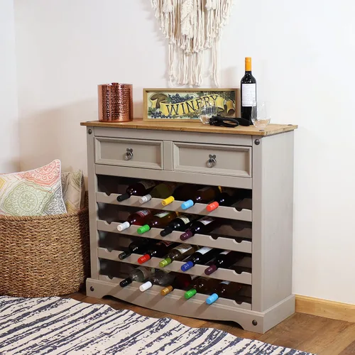 Miniatura 4 de Sunnydaze Mesa de estante de vino de pino macizo de 34.5 pulgadas de alto con 28 botellas, cuatro filas de 7 botellas, 2 cajones, tiradores de cajón