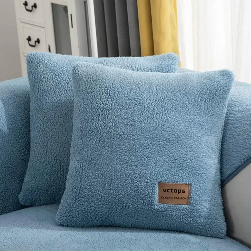 Miniatura 11 de vctops Paquete de 2 fundas de cojín decorativo de forro polar Sherpa de doble cara para sofá, cama y sillón, fundas de cojín de felpa suave y Azul