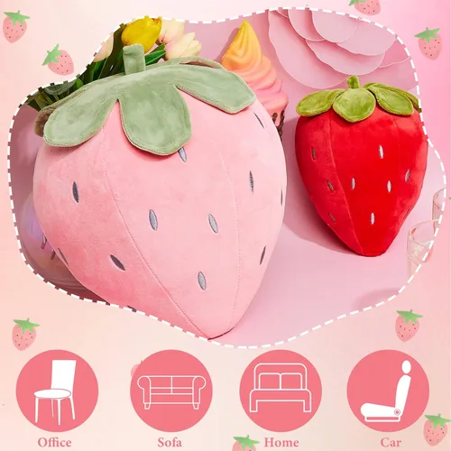 Miniatura 5 de Juexica 2 piezas de almohada de fresa de 15.7 pulgadas 9.8 pulgadas, almohada de felpa de fruta, suave decoración de dormitorio de fresa kawaii