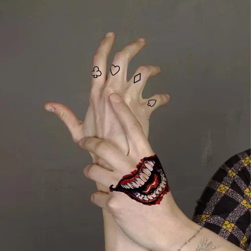 Miniatura 4 de NEDEQI - 8 hojas de tatuajes de Joker de tamaño grande, tatuaje falso temporal de Halloween para hombres y adultos, todas las versiones, calcomanías