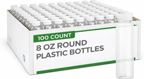 Botella de plástico transparente redonda de 8 onzas para jugo prensado en frío - con tapa de seguridad, libre de BPA - 5,7 x 5,7 x 24,8 cm - caja de