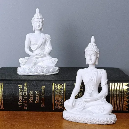 Miniatura 4 de HYFAN Estatua armoniosa de meditación de Buda de piedra arenisca para manualidades, escultura de Feng Shui, decoración para el hogar, oficina