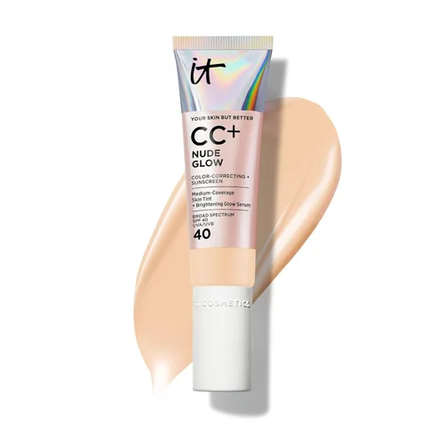 IT Cosmetics CC+ Nude Glow - Base de maquillaje ligera y suero iluminador con FPS 40, cobertura media, formulado con niacinamida y ácido 07 Luz (tez