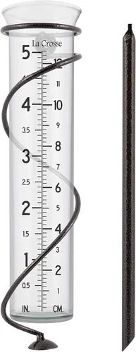 La Crosse 704-08967-INT - Medidor de lluvia en espiral con acabado de metal colombiano original hecho a mano con tubo de jardín de lluvia de vidrio