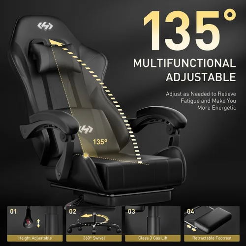 Miniatura 6 de HLDIRECT Silla de juegos, silla ergonómica de oficina para computadora con soporte lumbar, reposapiés, reposacabezas, piel sintética, giro de 360°