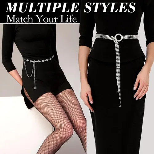 Miniatura 3 de 2 Pieces Rhinestone Belt for Women Shiny Crystal O-Ring Waist Belts for Dress Diamond Chain Belt for Ladies Dress Gift