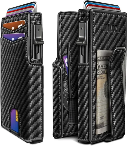 Miniatura 19 de miyozi Billetera para hombre, con clip para dinero, bolsillo para monedas, ventana para identificación, delgada, bolsillo frontal con bloqueo RFID