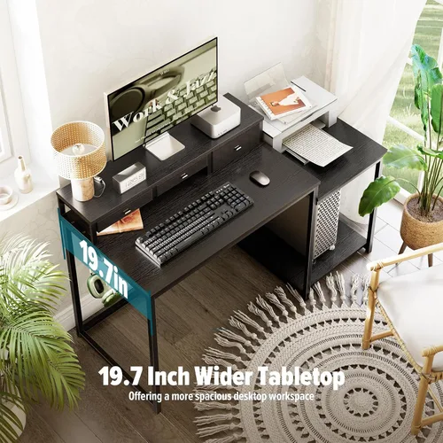 Miniatura 3 de SINPAID Escritorio para computadora de 47 pulgadas con estante para impresora, escritorio de juegos con soporte para monitor y cajones, escritorio