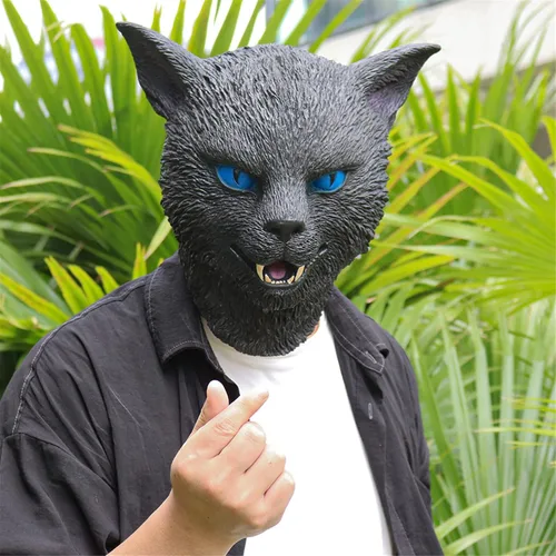 Miniatura 6 de NA - Máscara realista de látex de cabeza completa para gato, máscara de animal de terror, máscara de gato negro para Halloween, Navidad, accesorios