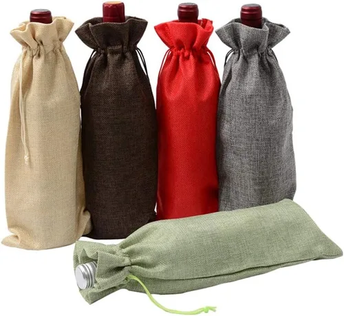 Miniatura 7 de 10 bolsas de vino de arpillera, bolsas de regalo de lino reutilizables con cordón para botellas de licor, bolsas de champán para degustación de Gris