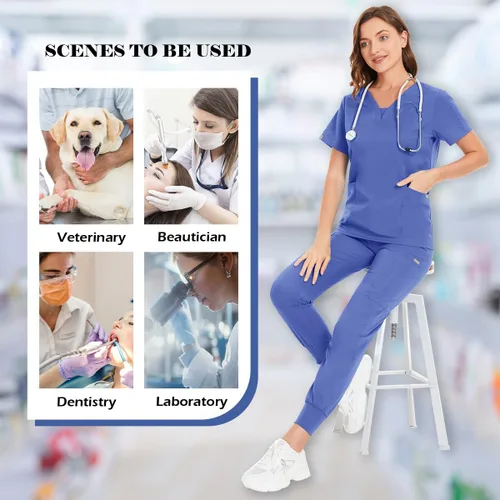 Miniatura 5 de niaahinn Conjunto de traje médico para mujer, moderno cuello en V + pierna con cordón, pantalones deportivos para enfermería médica (ceil, talla M)