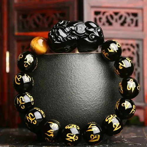 Miniatura 45 de Pulsera de obsidiana negra, pulsera de obsidiana negra Feng Shui para mujeres y hombres, pulsera elástica de obsidiana con piedra de ojo de tigre