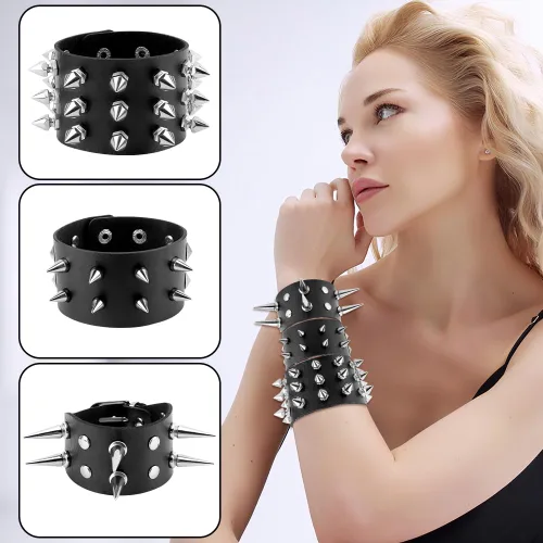 Miniatura 3 de Pulsera con tachuelas, Spike Punk Goth Punk de cuero para mujeres y hombres