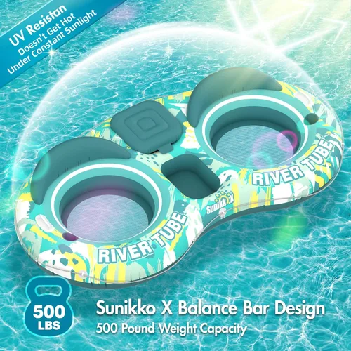 Miniatura 6 de Sunikko X 5-in-1 Pool Floats Adult Heavy Duty River Tube, 2 Person Water Lounge Tanning Pool with Backrests, Built-in Cooler, Cup Holders, Deluxe