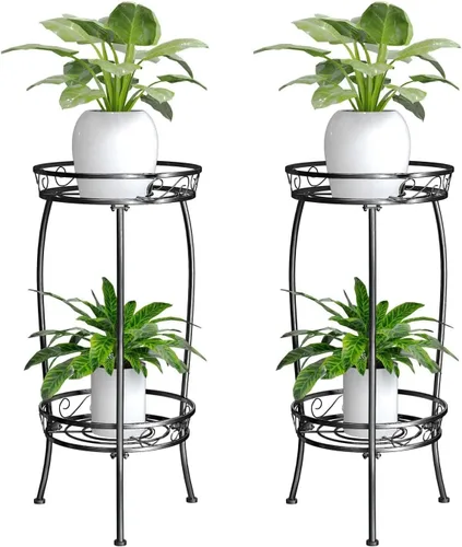Paquete de 2 soportes para plantas para interiores y exteriores, estante de metal de 2 niveles de 27 pulgadas de alto, estante resistente para