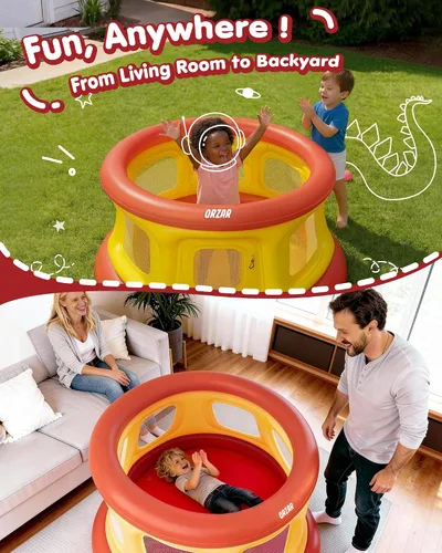 Miniatura 8 de Trampolín inflable todo en 1 para niños pequeños de 1 a 3 años, con bomba de aire manual, PVC antideslizante de textura gruesa, red de seguridad