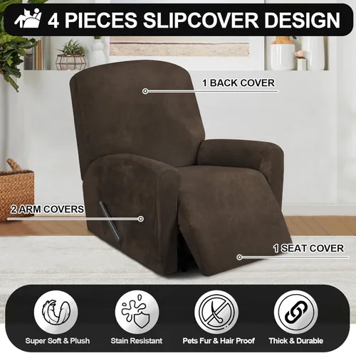Miniatura 4 de FestiCorp Fundas para sillón reclinable de terciopelo real, 4 piezas de fundas para sillón reclinable pequeño Lazy Boy, fundas elásticas para sofá