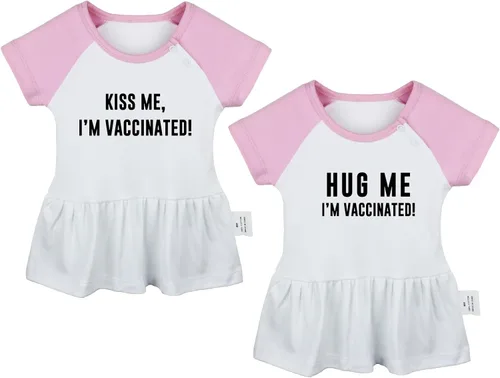 Pack of 2, Kiss Me I'm Vaccinated & Hug Me I'm Vaccinated Funny Dresses Newborn Infant Baby Girls Princess Dress Ruffle
