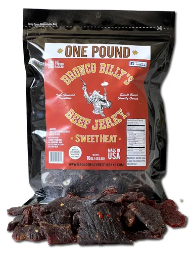 Miniatura 10 de Bolsa resellable de media libra de carne de res con sabor a bourbon Bronco Billy's Beef Jerky