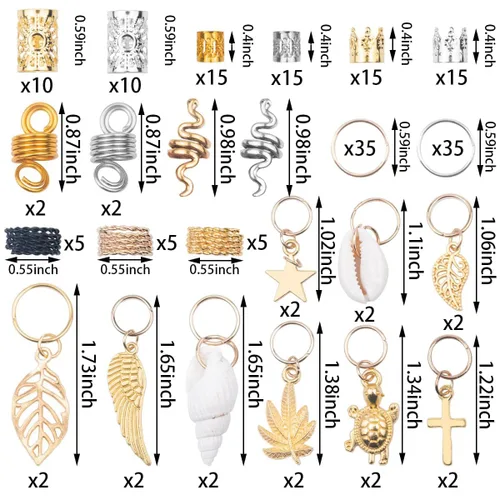 Miniatura 2 de 189 piezas de joyería de rastas, cuentas para trenzas de cabello, joyería para el cabello para trenzas, anillos trenzados de metal y oro, puños