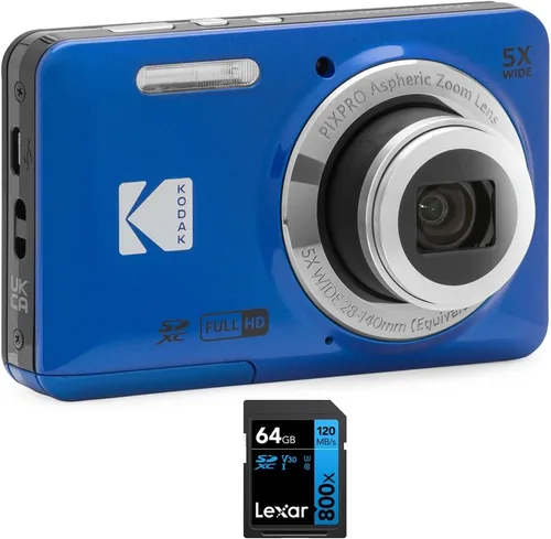 Kodak FZ55BL PIXPRO - Cámara digital azul con tarjeta de memoria Lexar 64GB de alto rendimiento 800x UHS-I SDHC serie azul