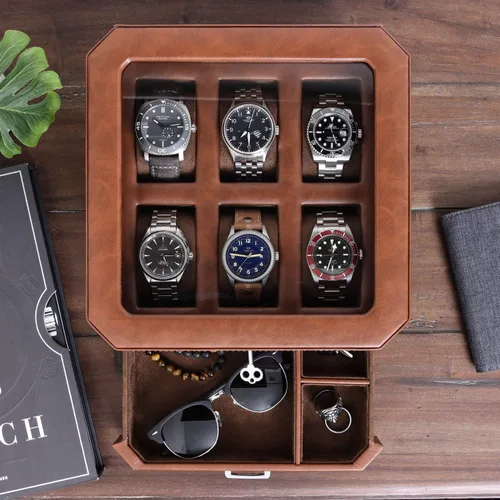 Miniatura 4 de Juego de regalo Caja de reloj de cuero con 6 ranuras con cajón de valet, organizador de exhibición de lujo para reloj, forro de microgamuza, caja