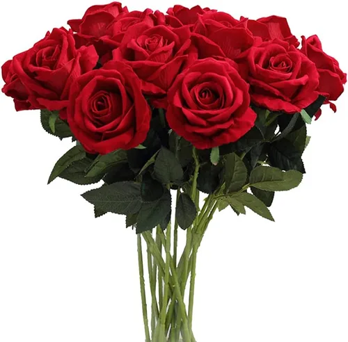 AMZALI Flores artificiales, rosa falsa de aspecto real, tallo largo, flores artificiales de seda, decoración del hogar para ramo de novia, centros