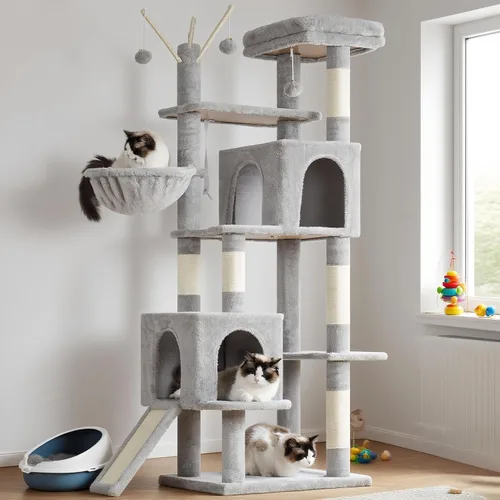 Miniatura 12 de Hey-brother Torre de árbol para gatos, postes rascadores con juguetes extraíbles, acogedor condominio, plataforma, hamaca, tabla de rascar de sisal