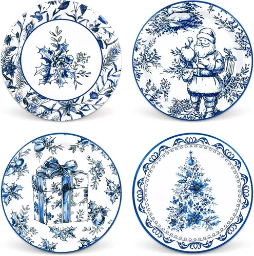 Whaline 40 platos de papel de Navidad, 4 diseños, chinoiserie de porcelana azul y blanca, árbol de Navidad, platos desechables de Papá Noel, vajilla