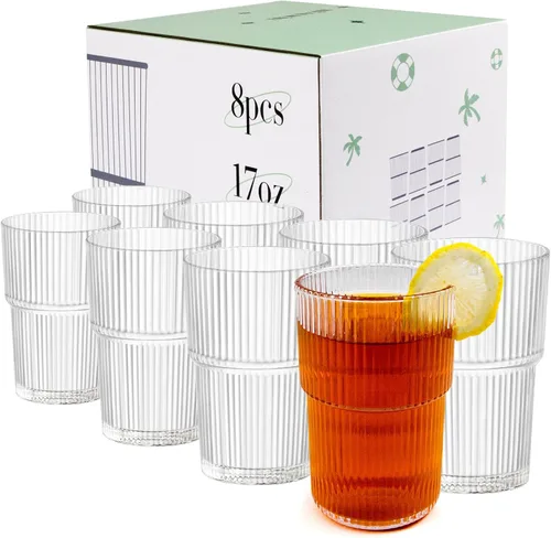 Miniatura 10 de REALWAY - Vasos de plástico acanalados de 17 onzas, vasos acrílicos irrompibles para beber, transparentes, reutilizables, aptos para lavavajillas