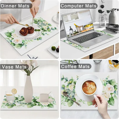 Miniatura 4 de AOFOTO Juego de 4 manteles individuales con estampado floral de hojas de eucalipto verdes con acuarela, manteles individuales rectangulares lavables