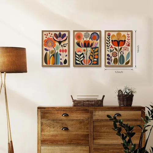 Miniatura 3 de Juego de 3 pinturas artísticas abstractas de flores escandinavas enmarcadas para decoración de pared, arte botánico moderno de mediados de siglo