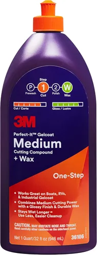 3M Perfect-It Gelcoat - Compuesto de corte medio + cera, 36106, 1 cuarto, proceso de un solo paso, P1500 y arañazos más finos, removedor de