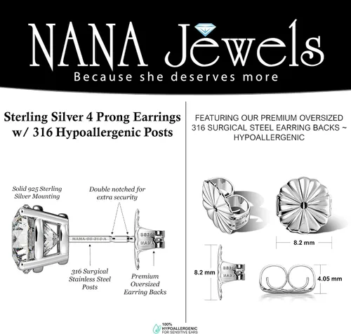 Miniatura 4 de Aretes de diamantes de imitación redondos de plata esterlina hipoalergénicos 0.30-8.00cttw