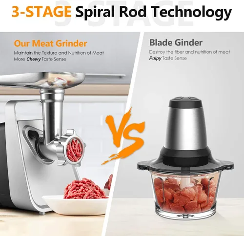 Miniatura 2 de CHEFFANO Picadora de carne eléctrica, 350W [2000W máx] Picadora de carne eléctrica, Molino de carne, Picadora de carne con 2 cuchillas de acero