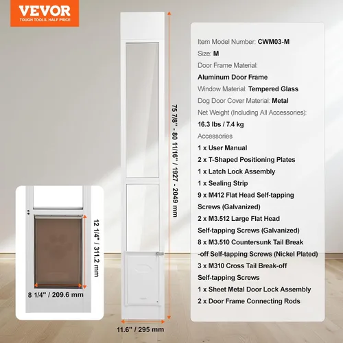 Miniatura 7 de VEVOR Puerta para perro para puerta corrediza de vidrio, 75 7/8 "-80 11/16 pulgadas de altura ajustable para puertas correderas, marco de aluminio