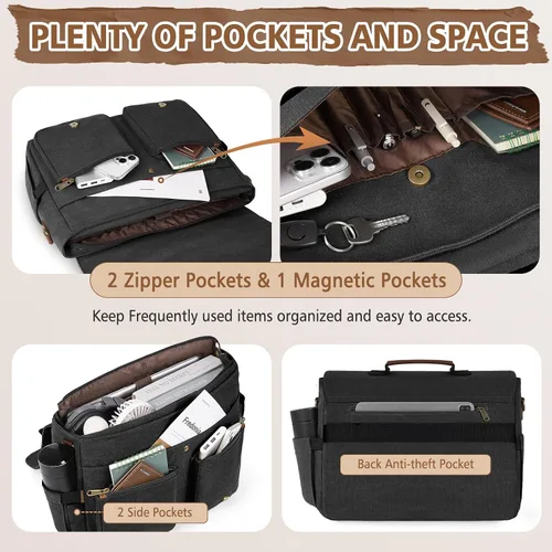 Miniatura 3 de RAINSMORE Bolsa tipo mensajero para hombre de 15.6 a 17.3 pulgadas, resistente al agua, de lona, maletín para computadora, para trabajo, universidad