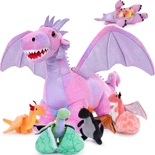 Miniatura 16 de Muiteiur Triceratops - Animal de peluche gigante de dinosaurio para mamá con 3 bebés pequeños, juguete de dinosaurio de felpa suave verde, regalo