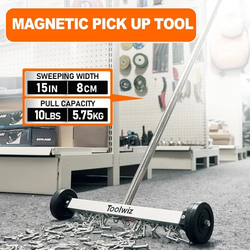 Miniatura 8 de Toolwiz Barredora magnética de 15 pulgadas, herramientas de techo para barredora de césped, herramientas de patio de 10 libras, ruedas lisas