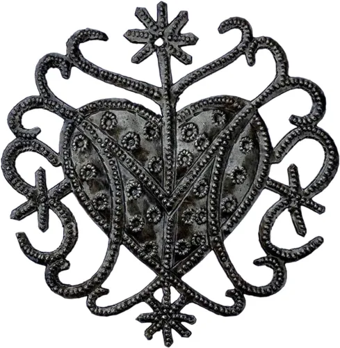 Adorno de corazón hecho a mano de Freda Veve de 4 pulgadas, arte de metal haitiano, diseño de Veve haitiano, ornamento cultural único, arte popular