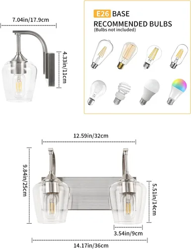 Miniatura 2 de foucasal Accesorios de Luz de Baño de Níquel Cepillado Luz de Tocador de Baño con Pantalla de Vidrio Transparente, 2 Luces Modernas de Pared