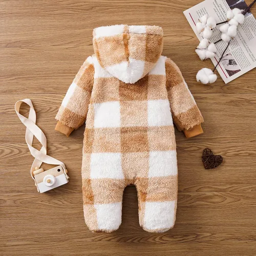 Miniatura 3 de MIEKISA Mameluco peludo a cuadros con capucha para bebés, niños y niñas, otoño e invierno