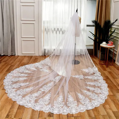 Miniatura 4 de Zhangyo Velo de novia de tul suave con peine de encaje largo velo catedral nupcial 9.8 ft gota velo pelo peine para novias CXL062